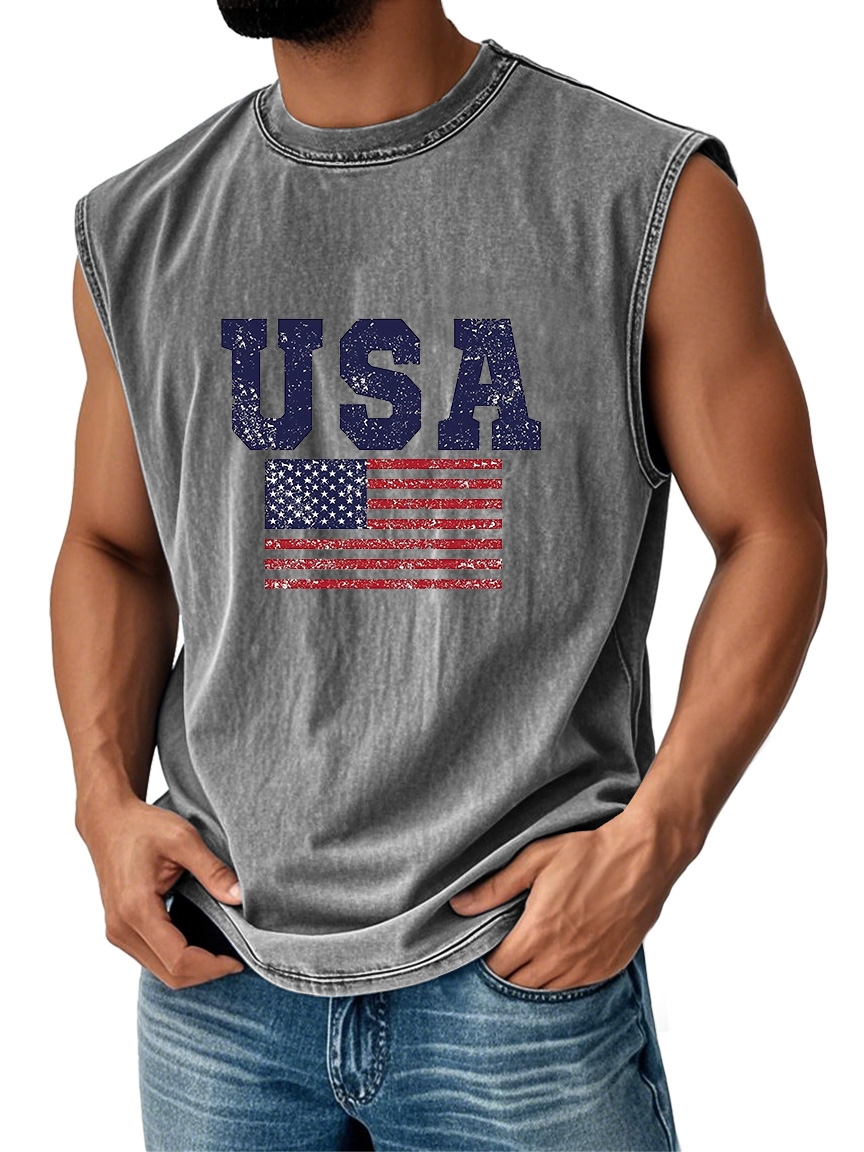 Men's Everyday Vintage American Independence Day Flag Printed Crew Neck Sleeveless Tank Top