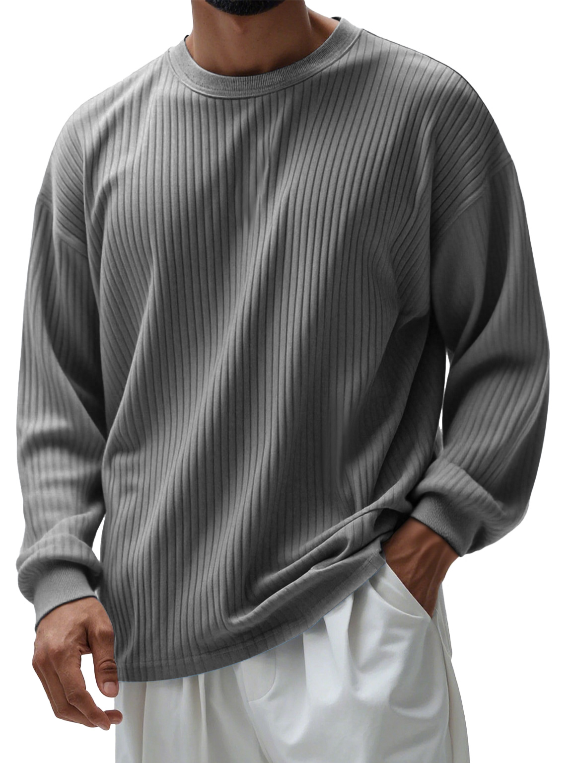 Men's Casual Round Neck Ribbed Comfortable Long Sleeve T-shirt