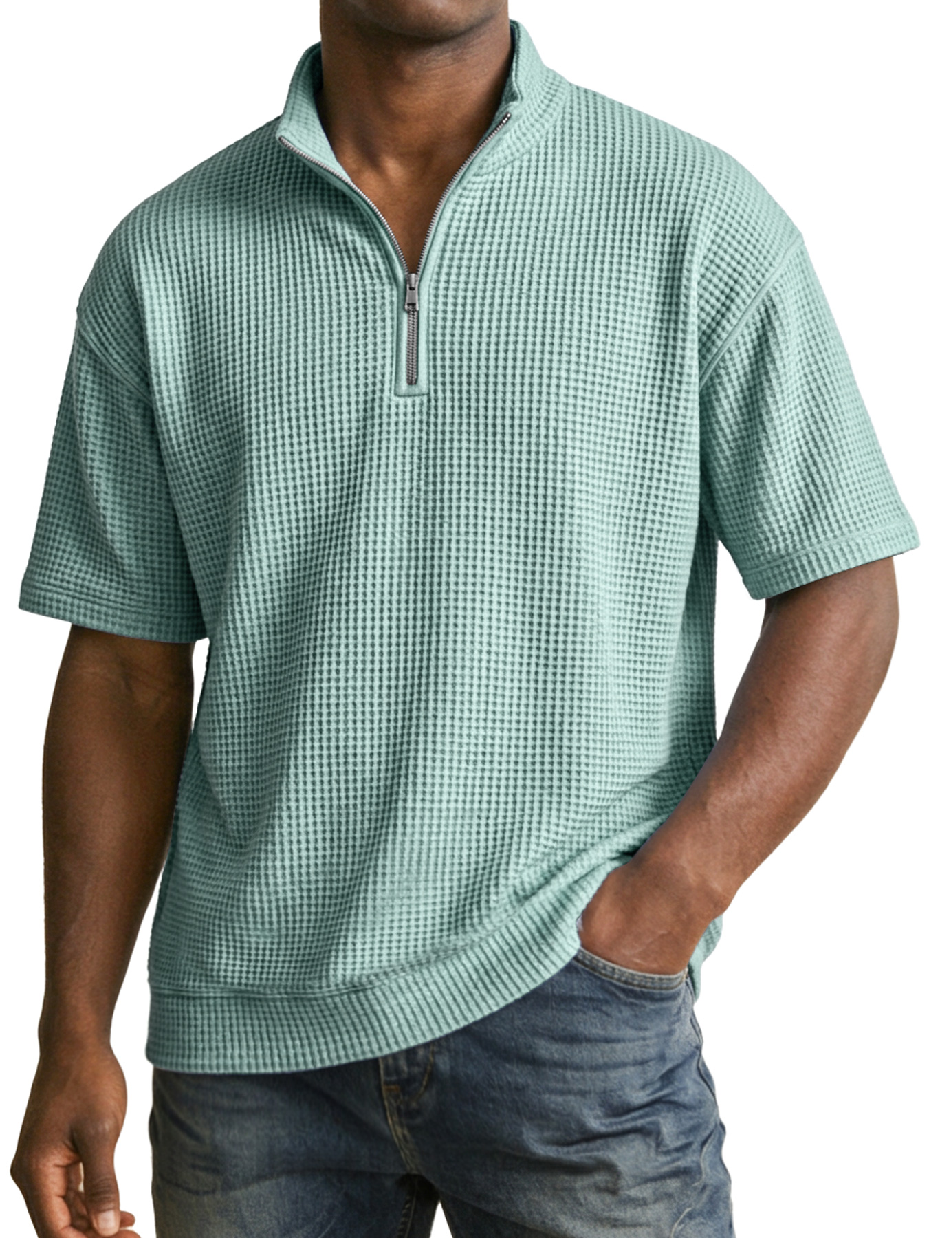 Men's Waffle Collar Zipper Casual Short-Sleeve T-Shirt