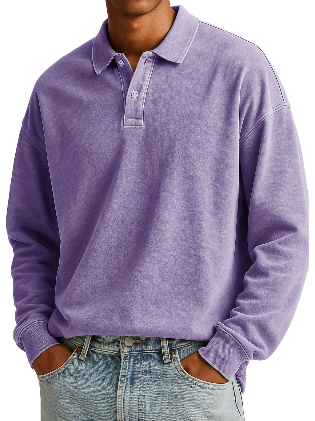  Men's Stylish Casual Padded Lapel Button-stitched Ribbed Long-sleeved Polo Shirt 