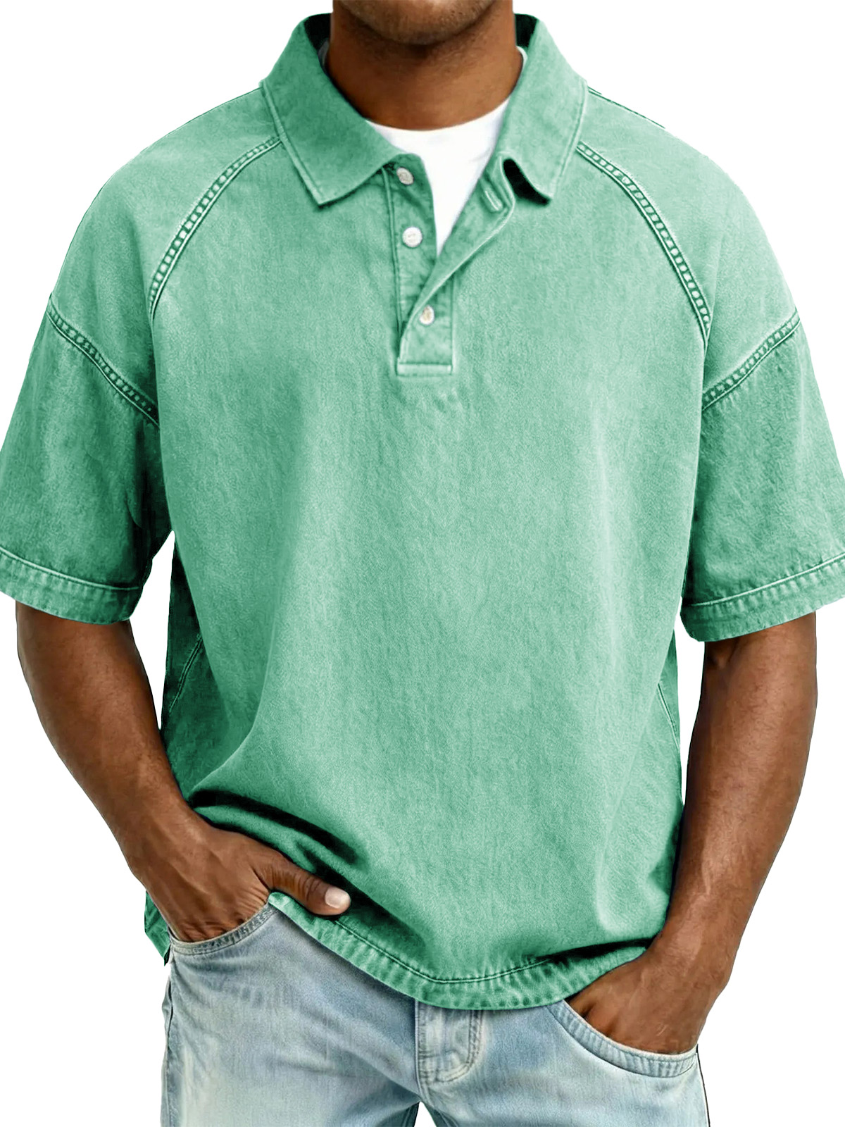 Men's Retro Distressed Raglan Short-Sleeve Polo Shirt