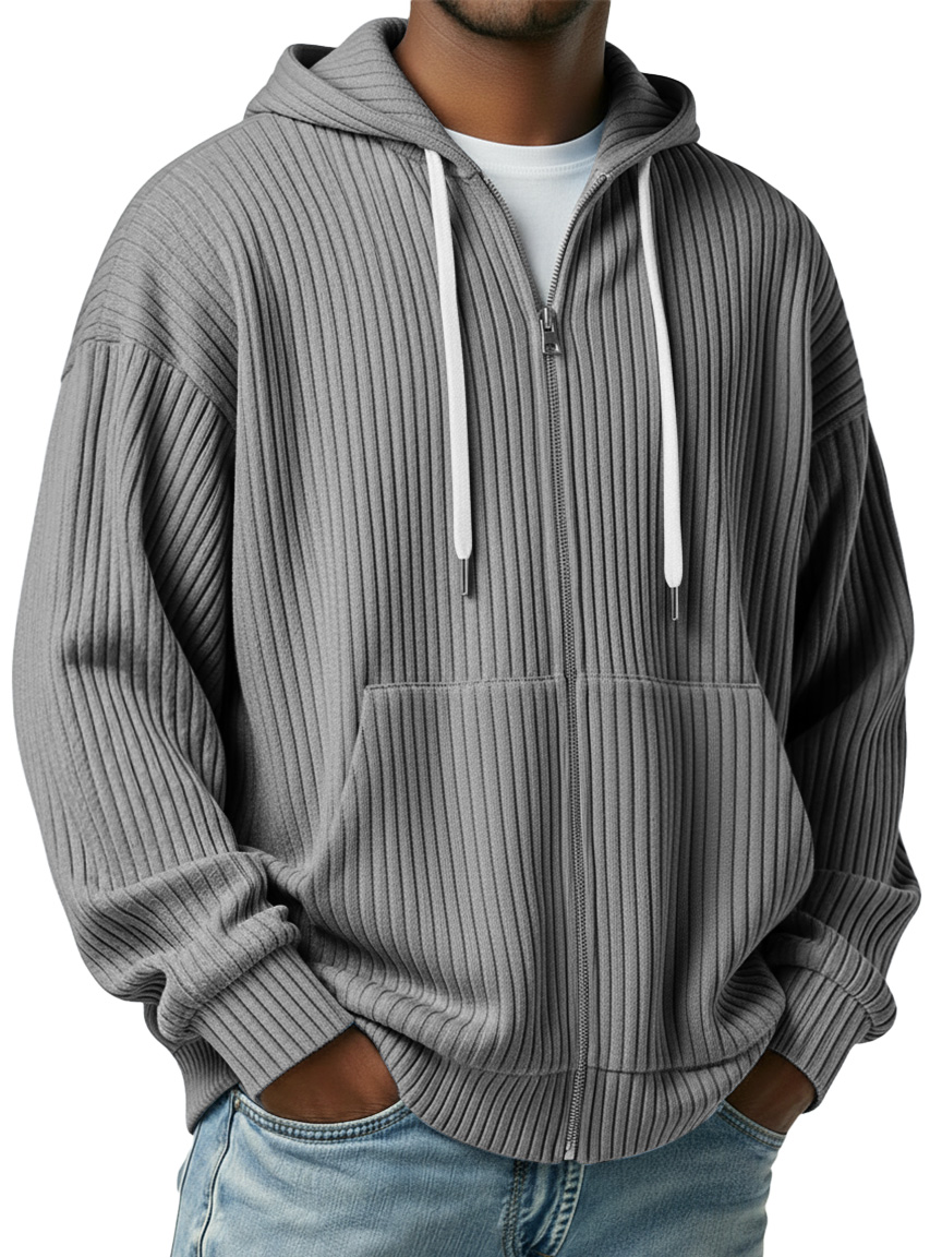 Men's Simple Ribbed Zipper Casual Hooded Jacket