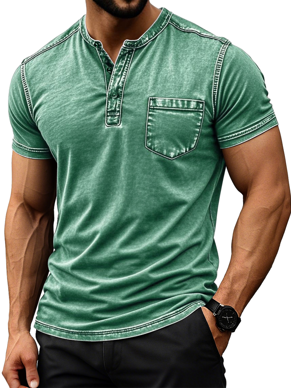 Men's Retro Everyday Casual Pocket Comfort Short Sleeve Henley Shirt