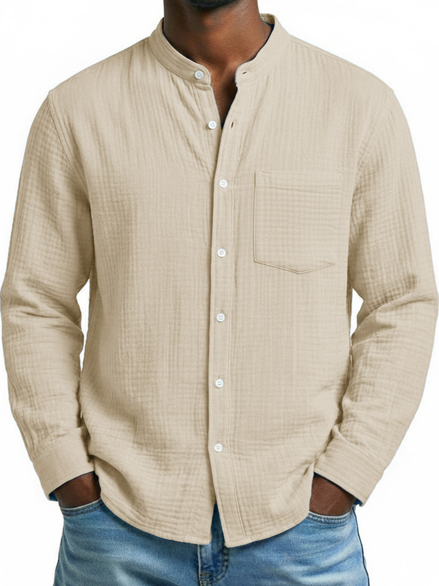 Men's Fashion Casual Retro Stand-Up Collar Pleated Fabric Long-Sleeve Shirt