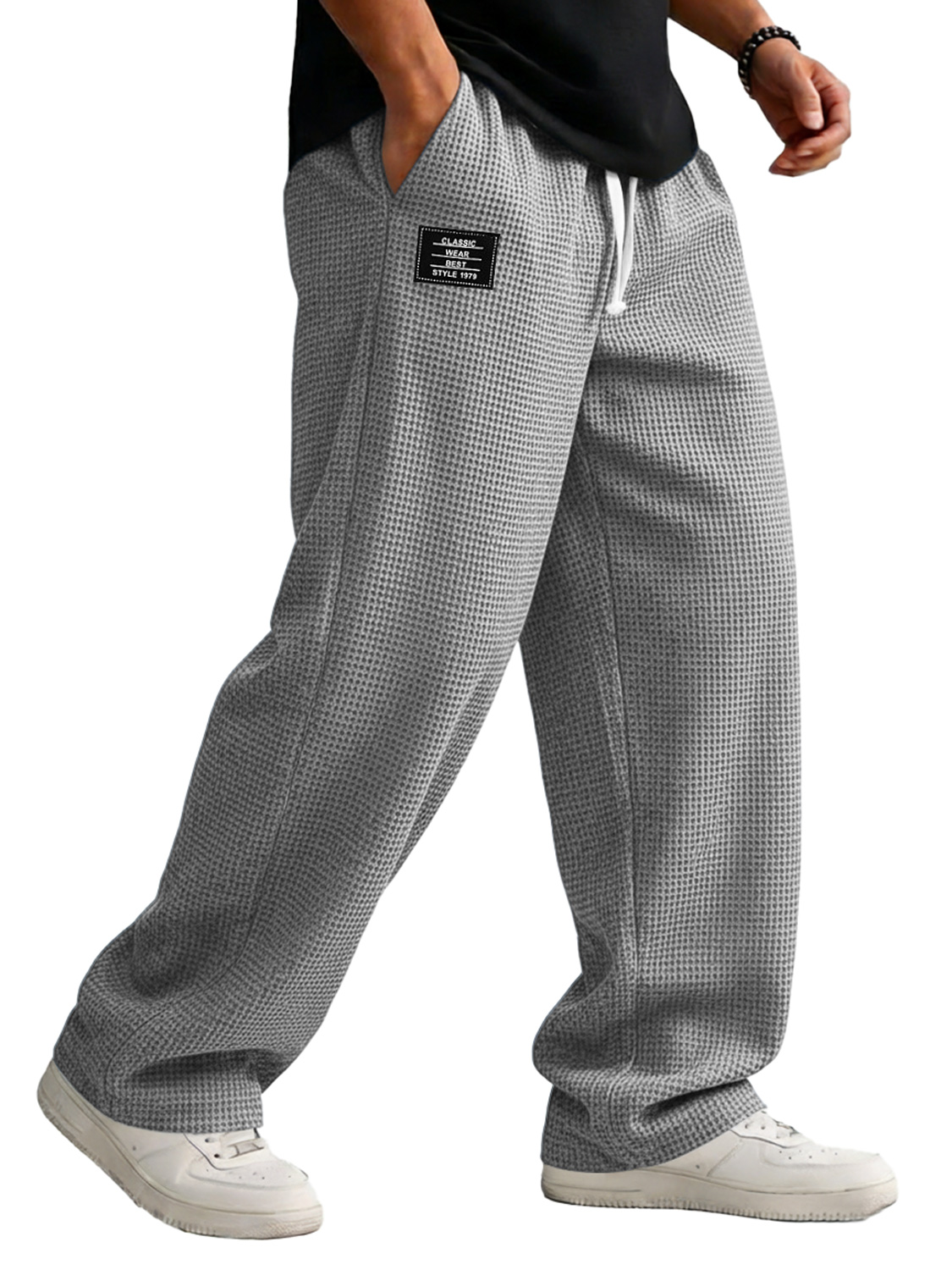 Men's Loose-fitting Waffle-knit Casual Trousers With Elastic Waistband And Embroidered Logo