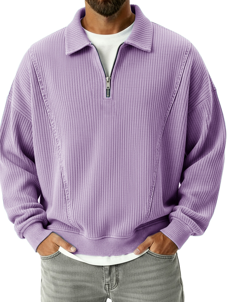 Men's Retro Fashion Ribbed Collar Zipper Long-Sleeve Polo Shirt