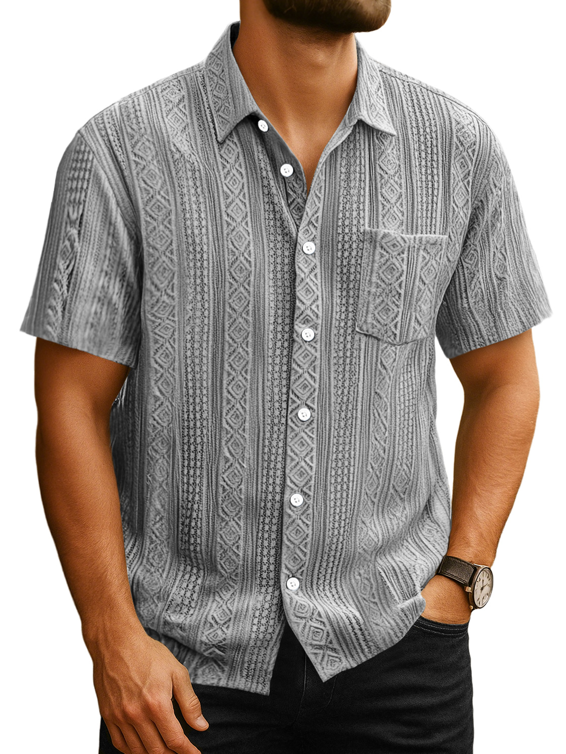 Men's Daily Casual Jacquard Texture Pocket Solid Color Short-sleeved Shirt