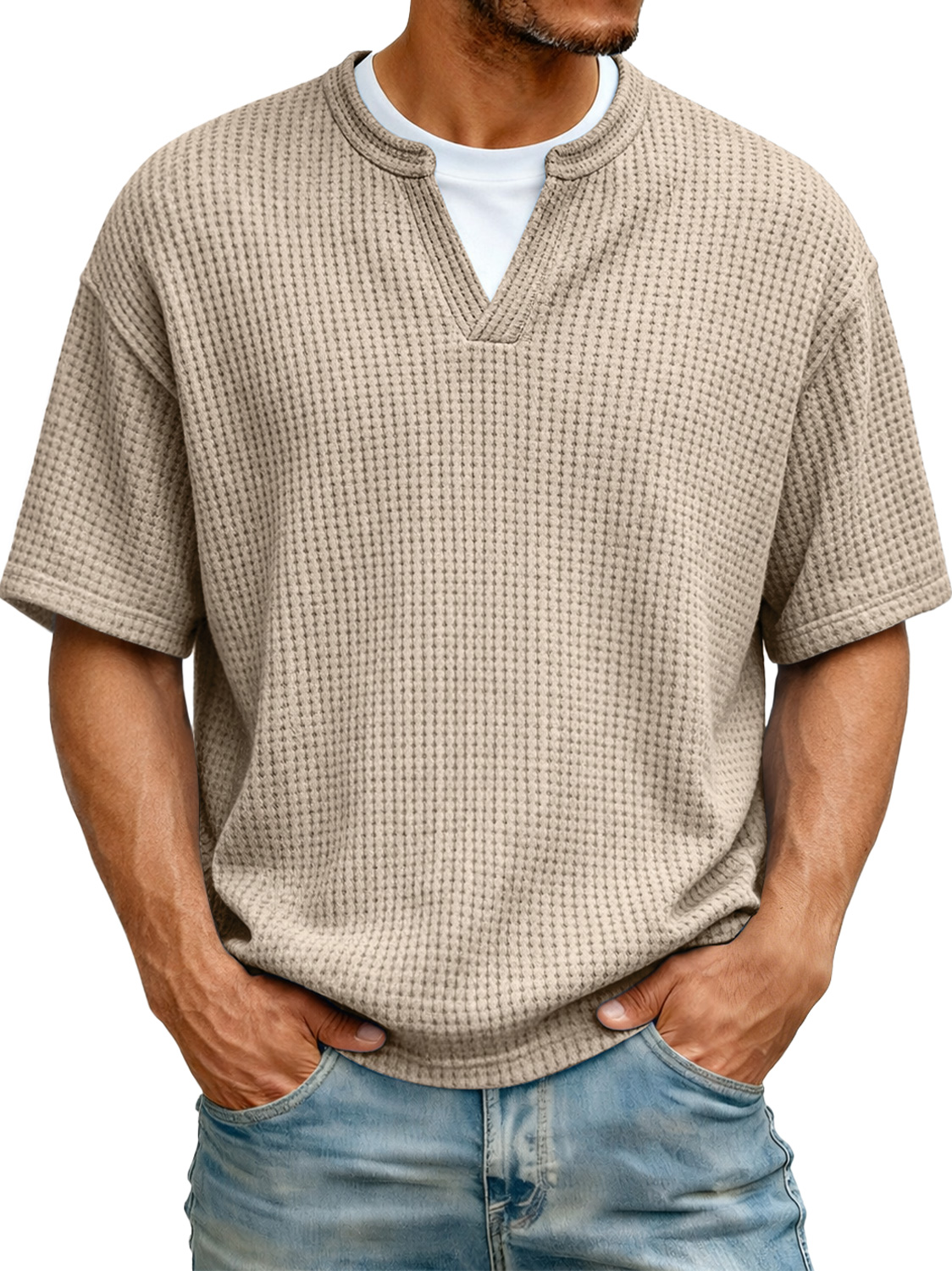 Men's Waffle-knit Two-piece Look Casual Solid Color Short-sleeved T-shirt