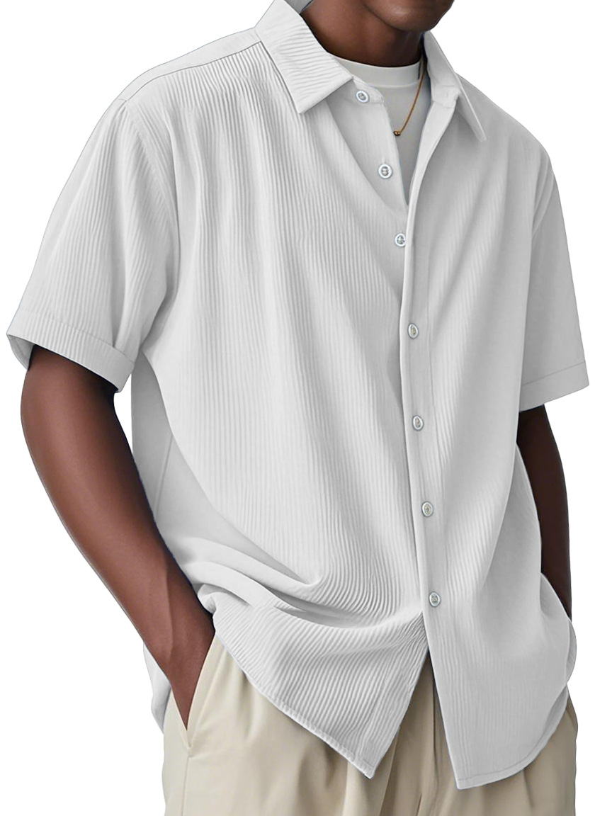 Men's Fashion Casual Striped Fabric Lapel Short-sleeved Shirt