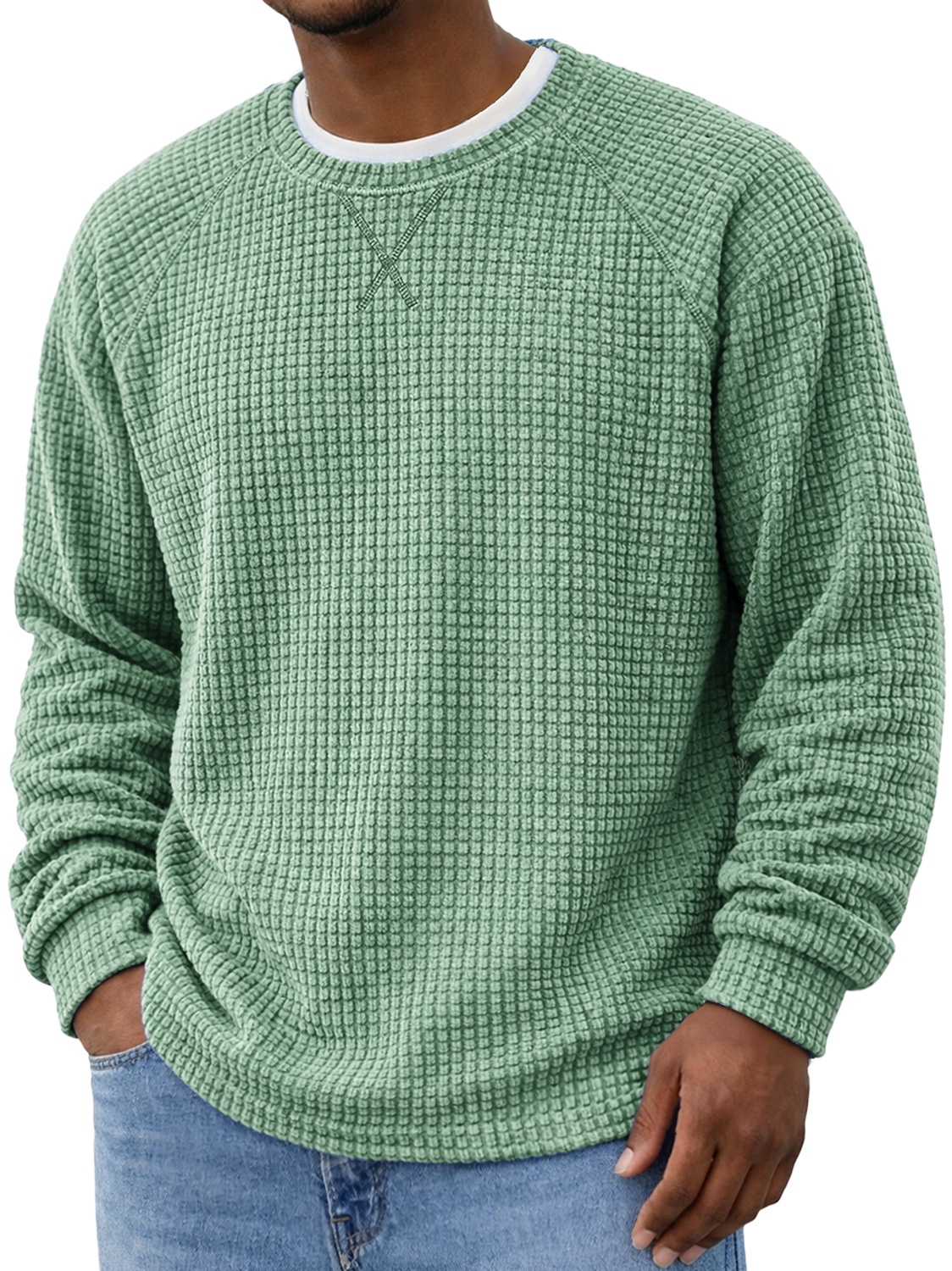 Men's Crew Neck Raglan Sleeve Corduroy Waffle Knit Long-sleeved T-shirt With Crossover Design