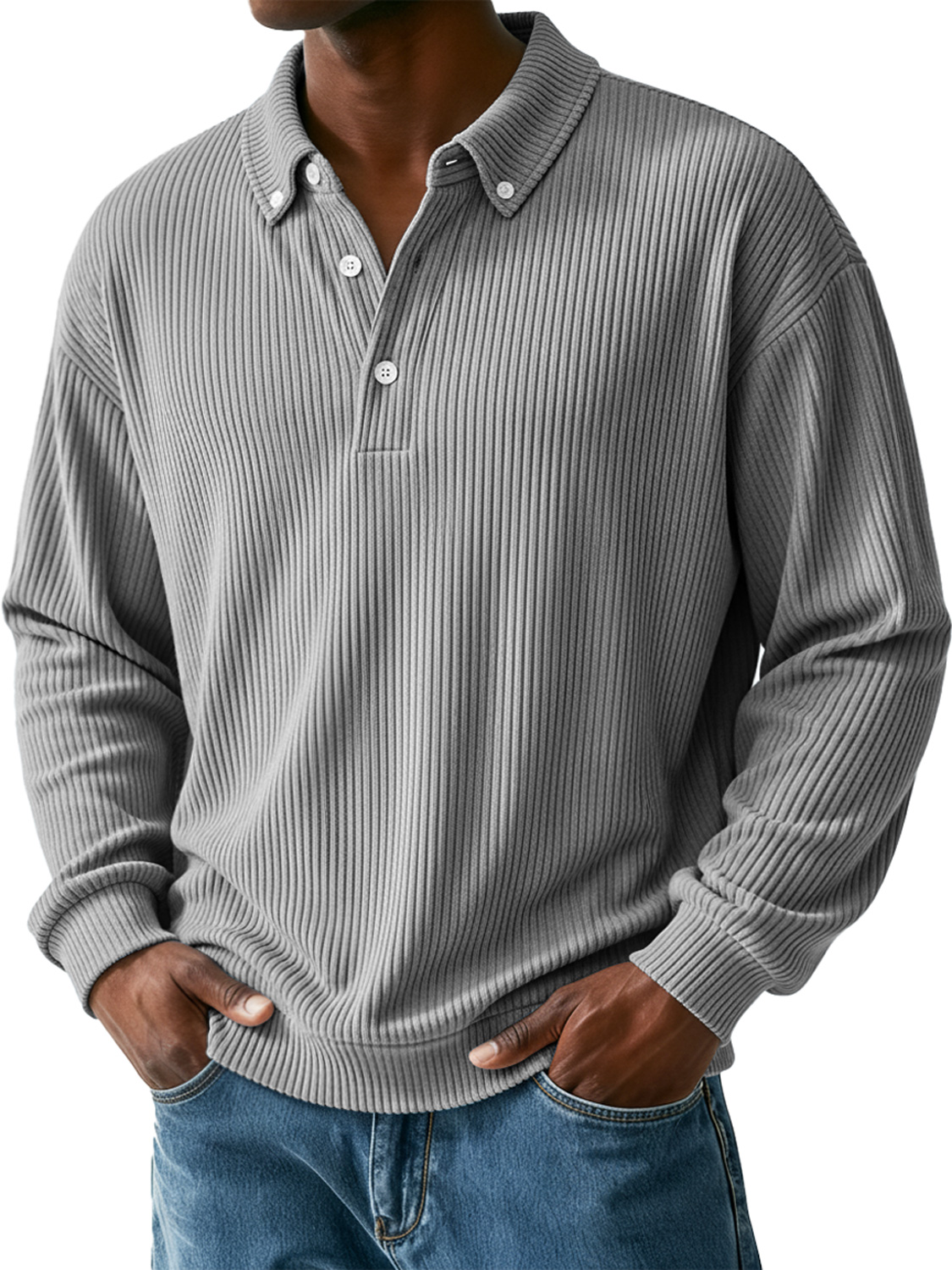 Men's Simple Ribbed Collar Button Casual Long-Sleeve Polo Shirt