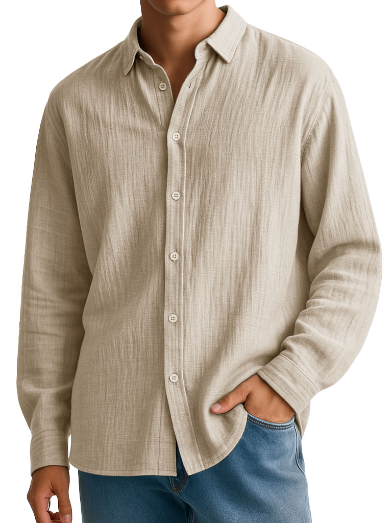 Men's Clothing Fashionable Casual Imitation Linen Fabric Long-sleeved Lapel Shirt