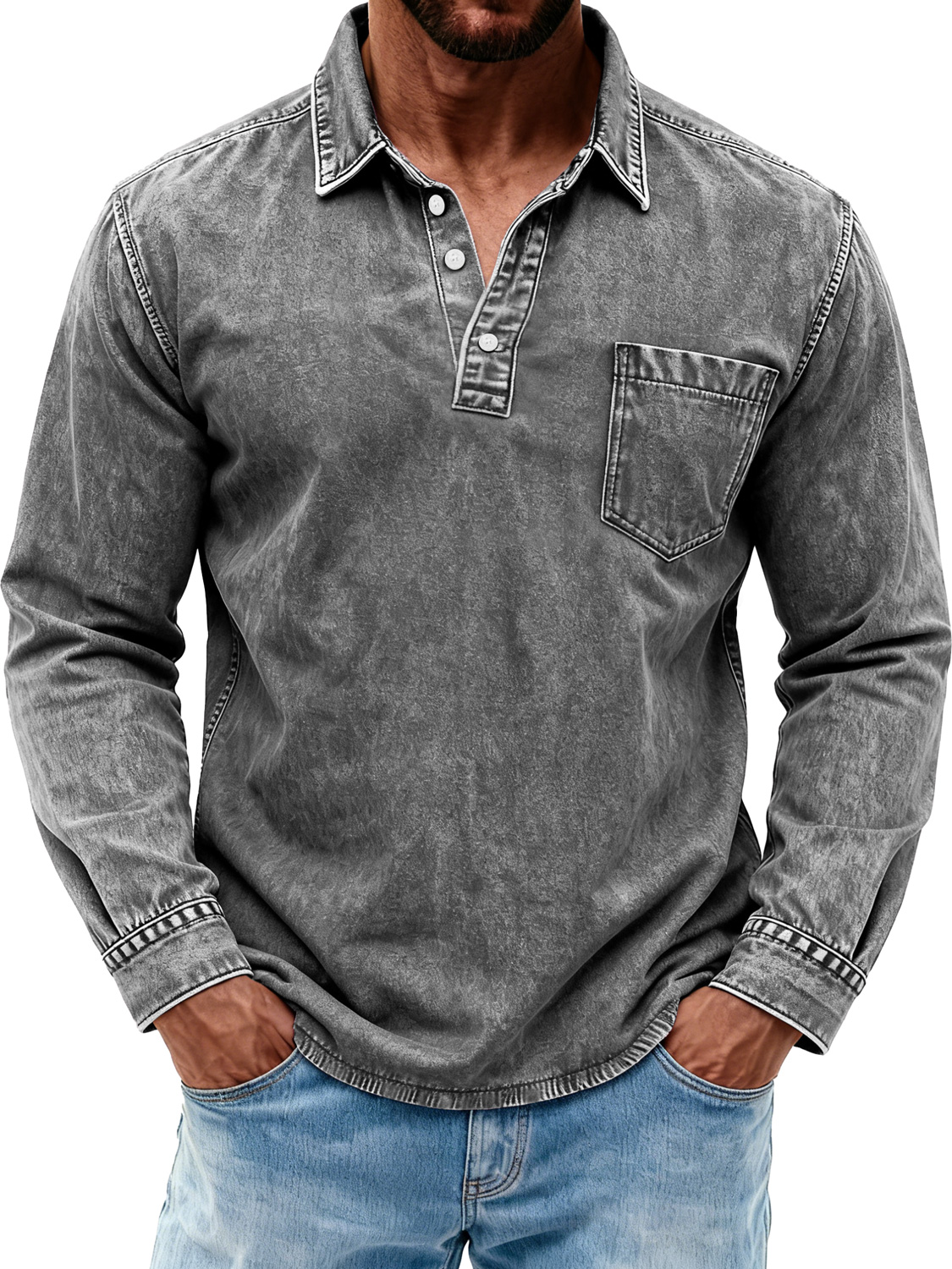 Men's Retro Washed Casual Polo Shirt with Turn-Down Collar and Buttons