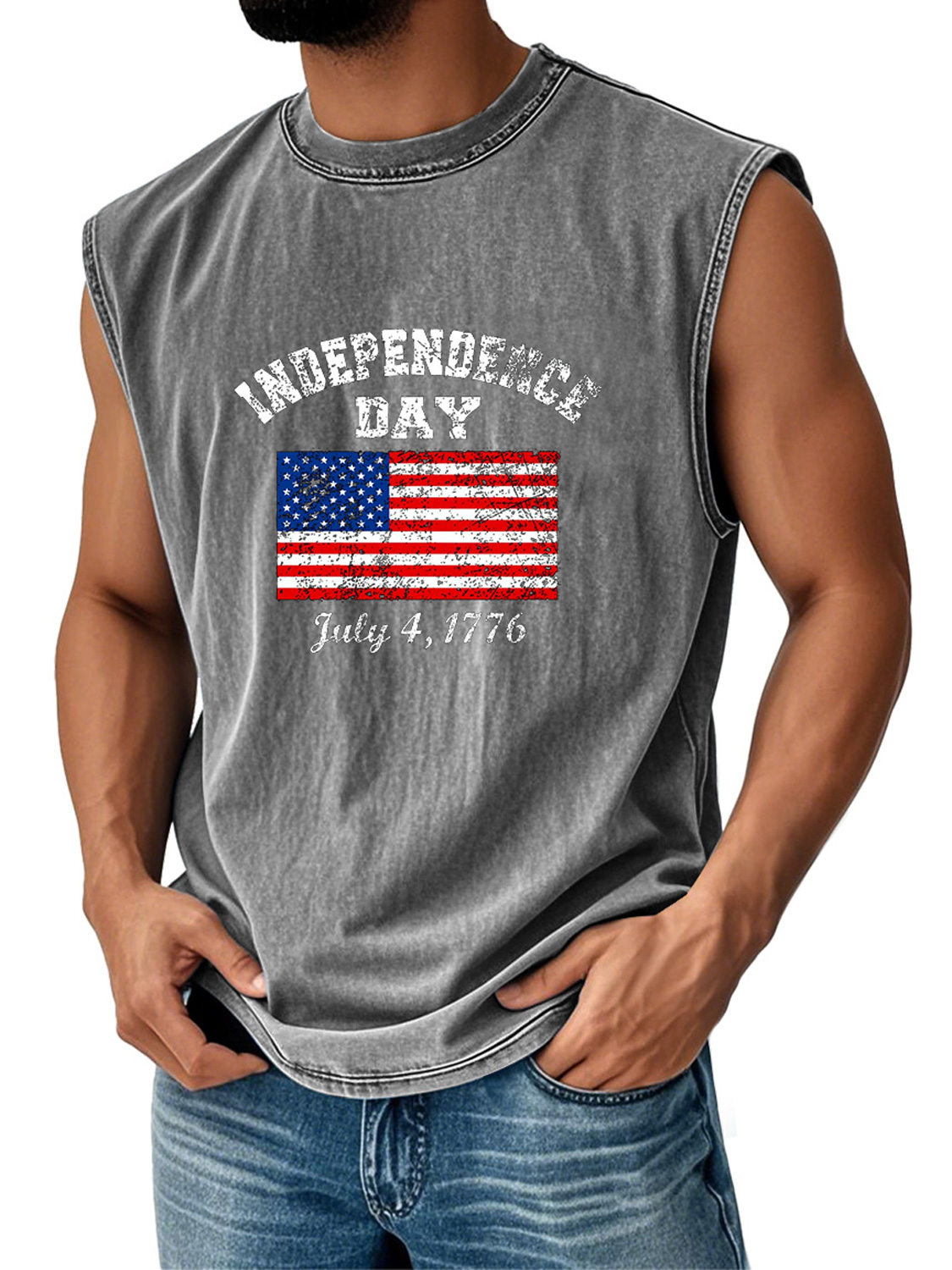 Men's Retro Everyday Independence Day Flag Print Casual Round Neck Sleeveless Vest