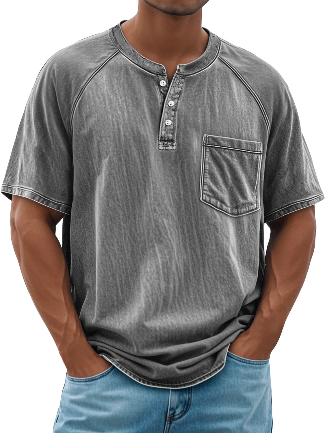 Men's Retro Everyday Raglan Pocket Casual Short Sleeve Henley Shirt