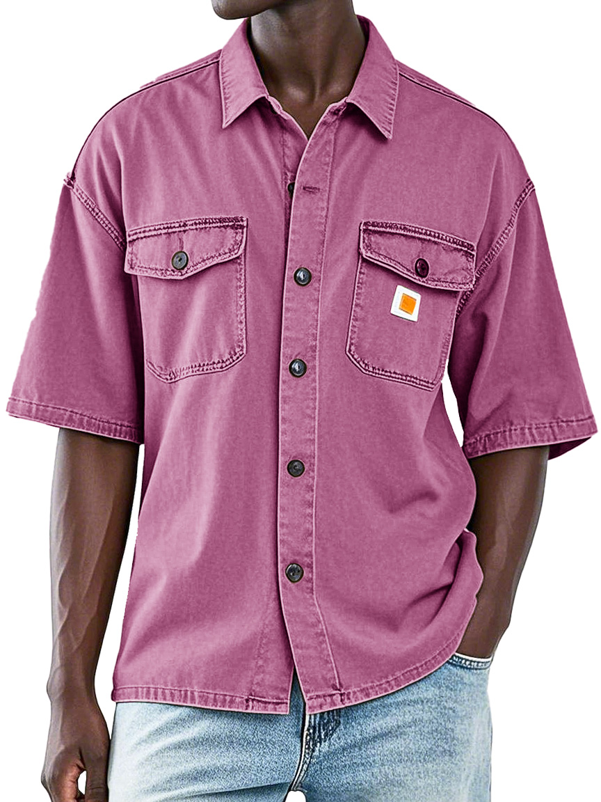 Men's Retro Workwear Double Pocket Lapel Short-sleeved Shirt