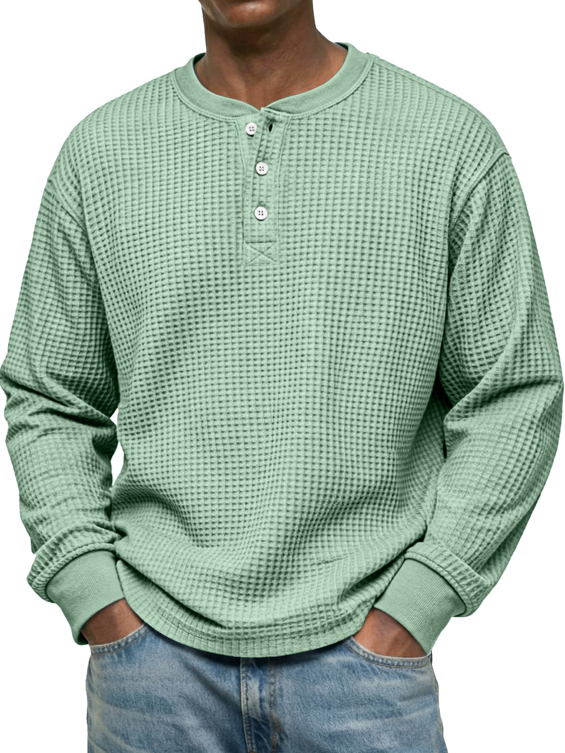 Men's Simple Waffle Casual Long-Sleeved Henley Shirt