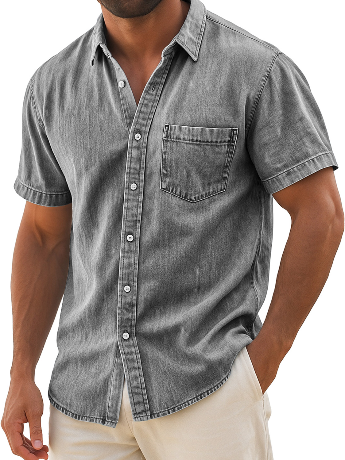 Men's Retro Casual Lapel Pocket Solid Color Short Sleeve Shirt