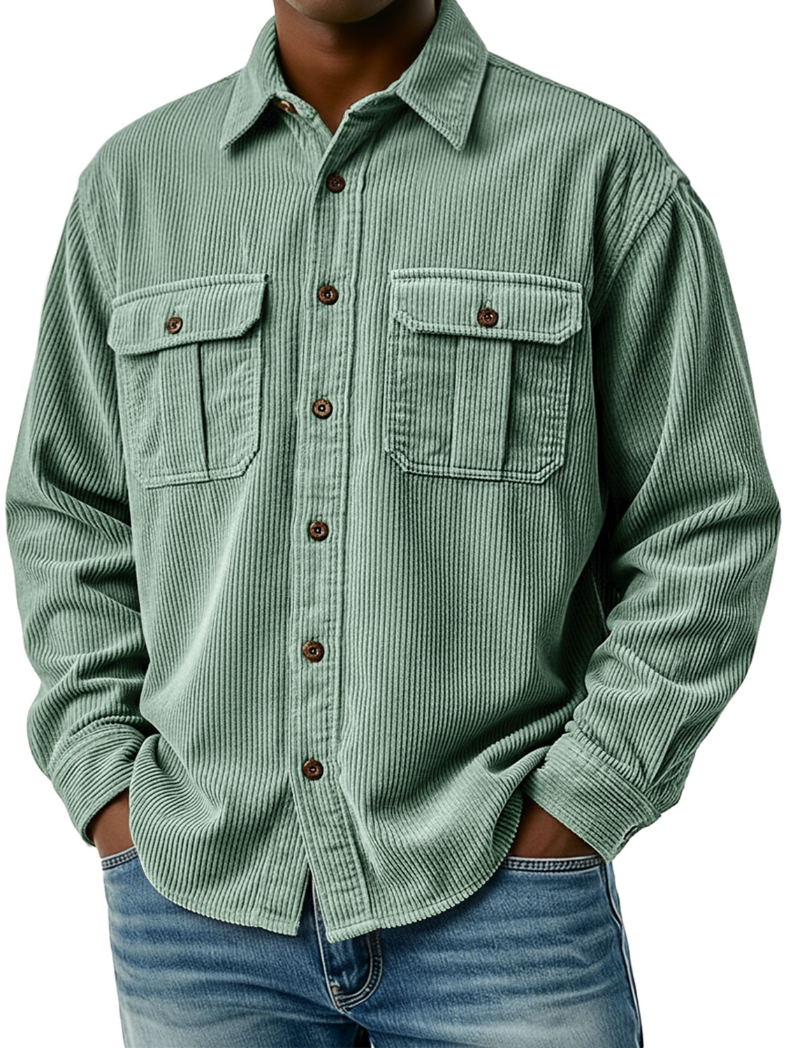 Men's Retro Corduroy Double Pocket Casual Long-Sleeve Work Shirt