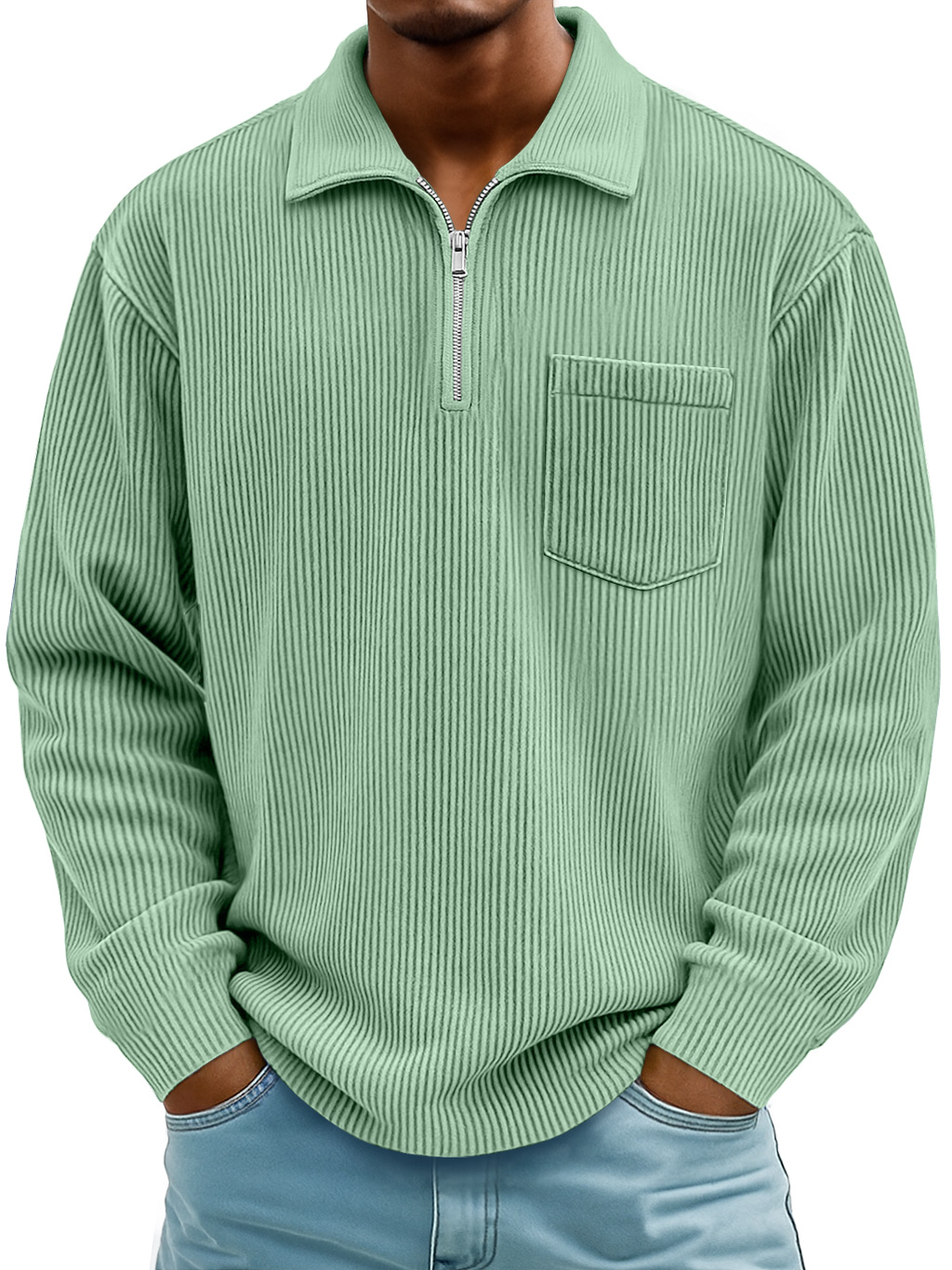 Men's Daily Casual Ribbed Lapel Manhattan Loose Long-sleeved Polo Shirt