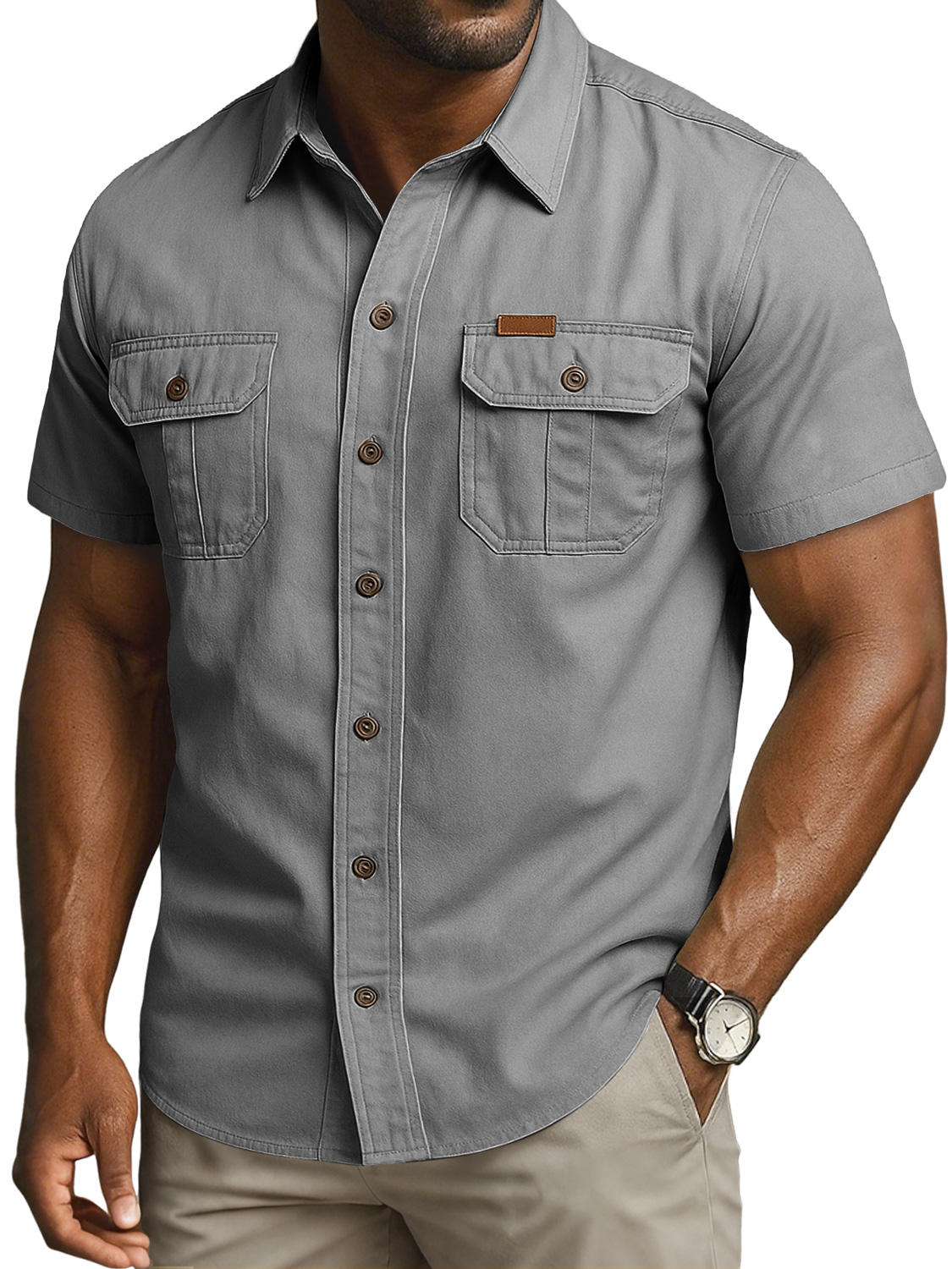 Men's Vintage Double Pocket Embroidered Leather Label Casual Work Shirt