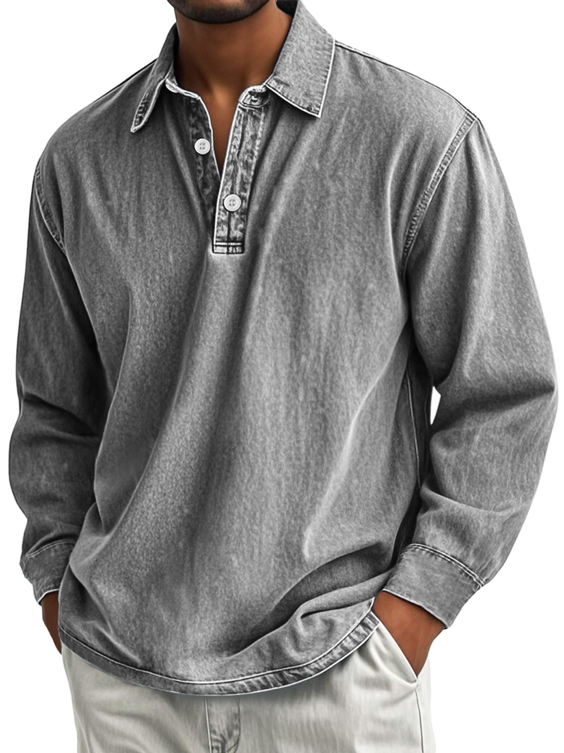 Men's Retro Casual Lapel Button Down Distressed Long Sleeve Polo Shirt