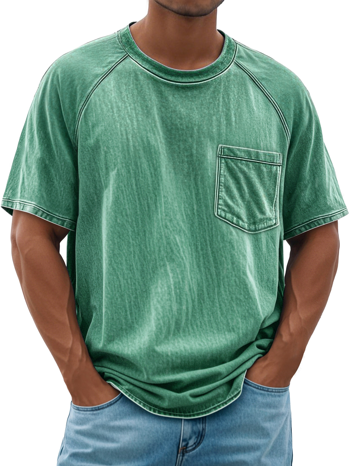 Men's Retro Round Neck Raglan Pocket Casual Short Sleeve T-Shirt