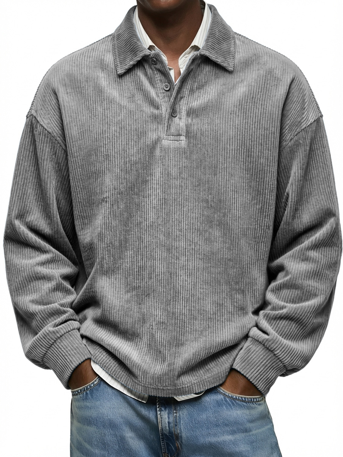 Men's Vintage Corduroy Lapel Button-down Casual Long-sleeved Polo Shirt