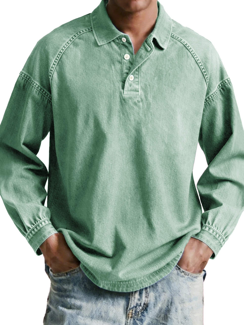 Men's wear, retro, retro, loose, raglan, long-sleeved polo shirt
