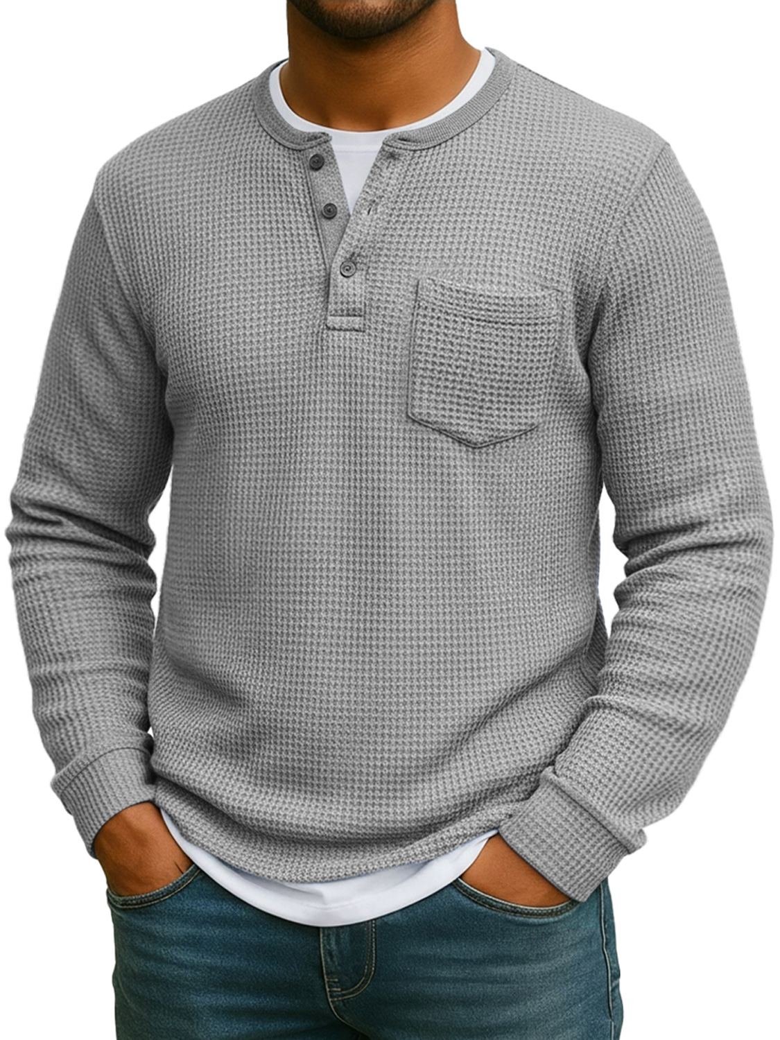 Men's Everyday Waffle Fake Two-Piece Casual Pocket Long Sleeve Henley Shirt