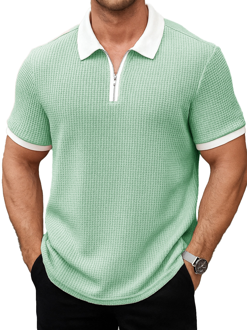 Men's Daily Casual Patchwork Waffle Fabric Lapel Short-sleeved Polo Shirt 