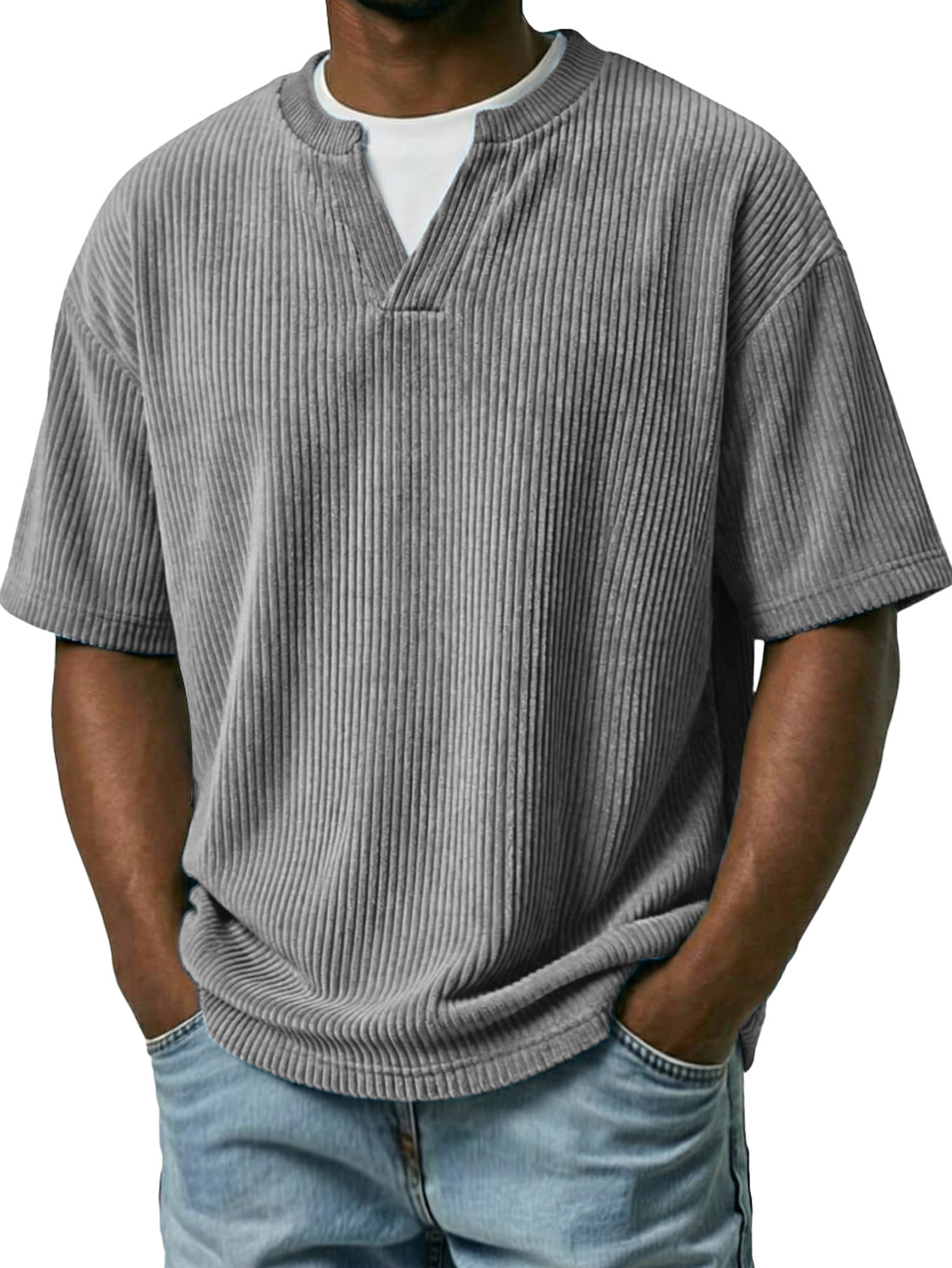 Men's Corduroy Faux Two-piece Double-collar Casual Short-sleeved T-shirt