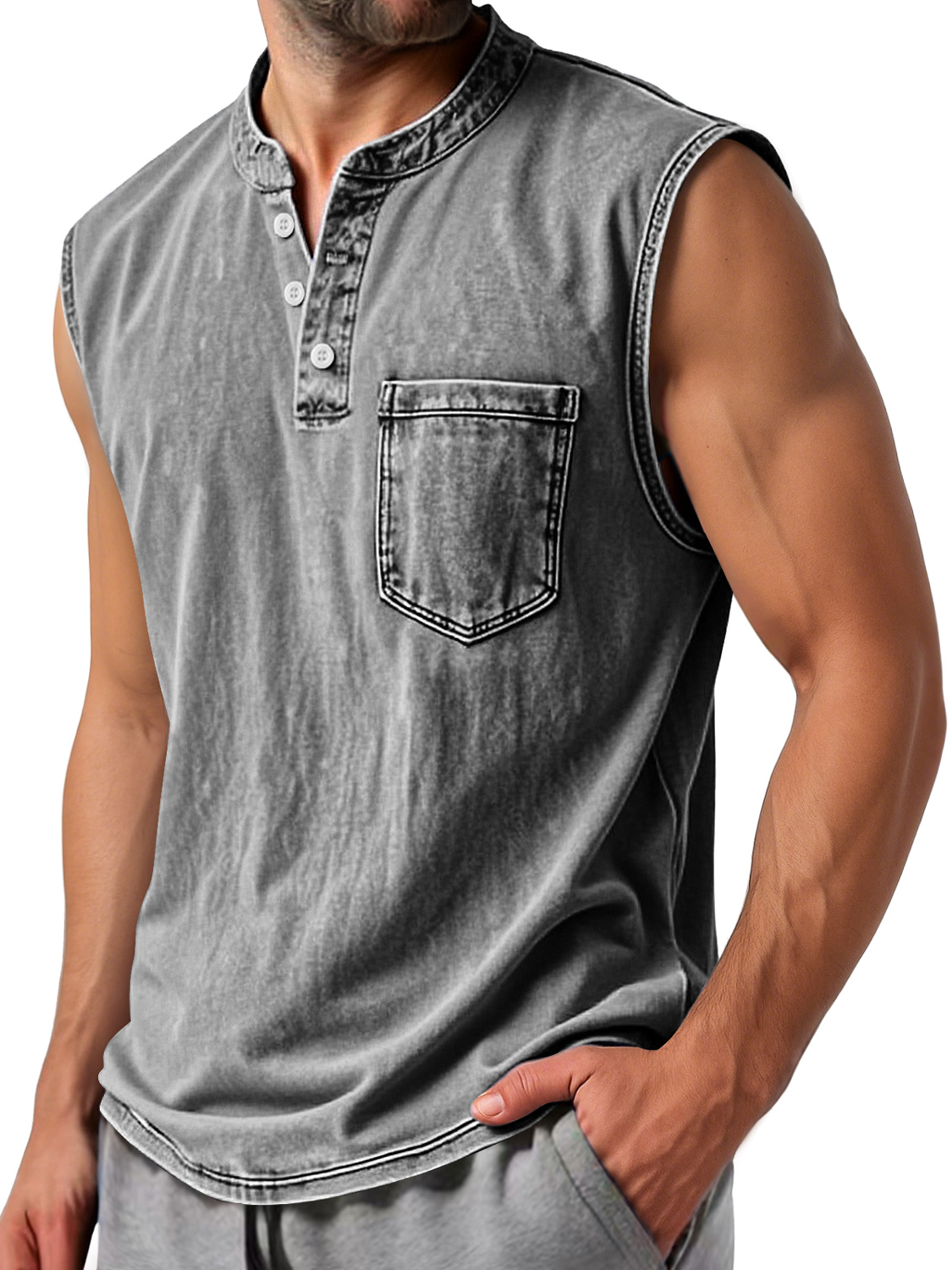 Men's Vintage Stand Collar Button Casual Comfort Sleeveless Henley Shirt