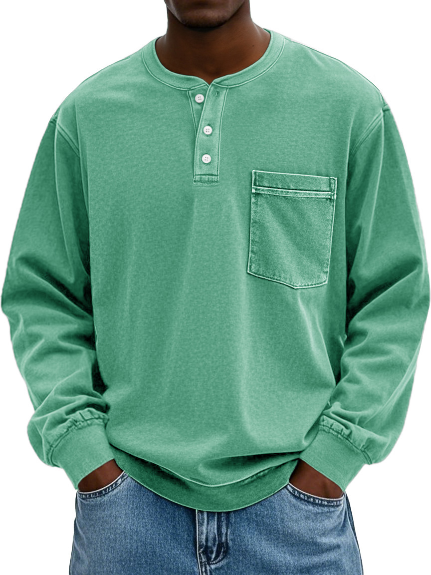 Men's Stylish Vintage Distressed Pocket Lapel Long-sleeved Henley Shirt