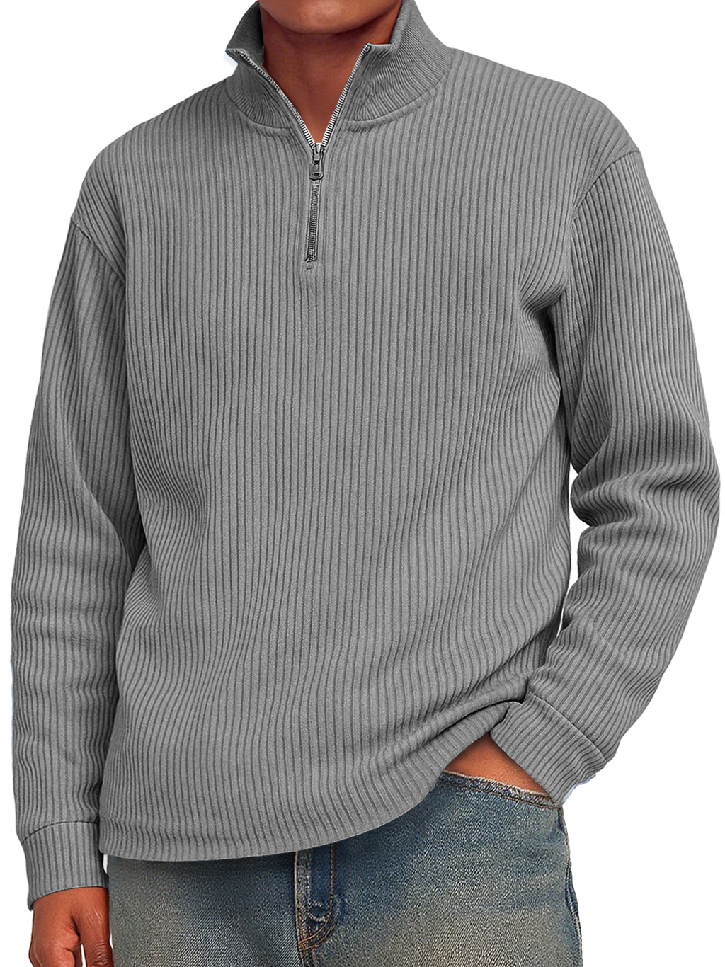 Men's Fashion Striped Stand Collar Zipper Casual Long Sleeve T-shirt