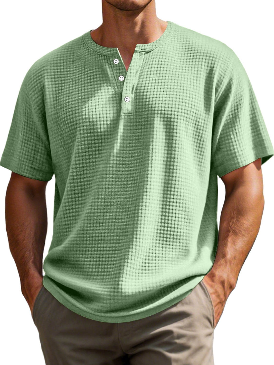 Men's Everyday Waffle Casual Solid Color Short Sleeve Henley Shirt