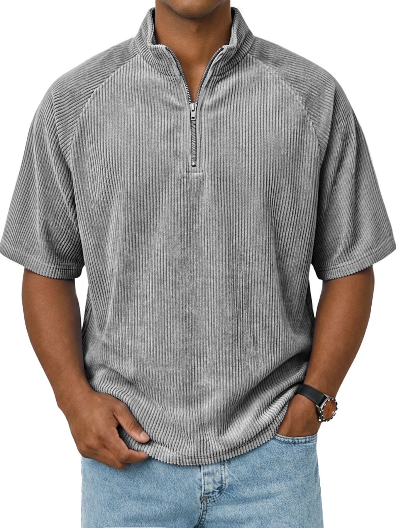 Men's Retro Raglan Corduroy Stand Collar Zipper Casual Short Sleeve T-Shirt
