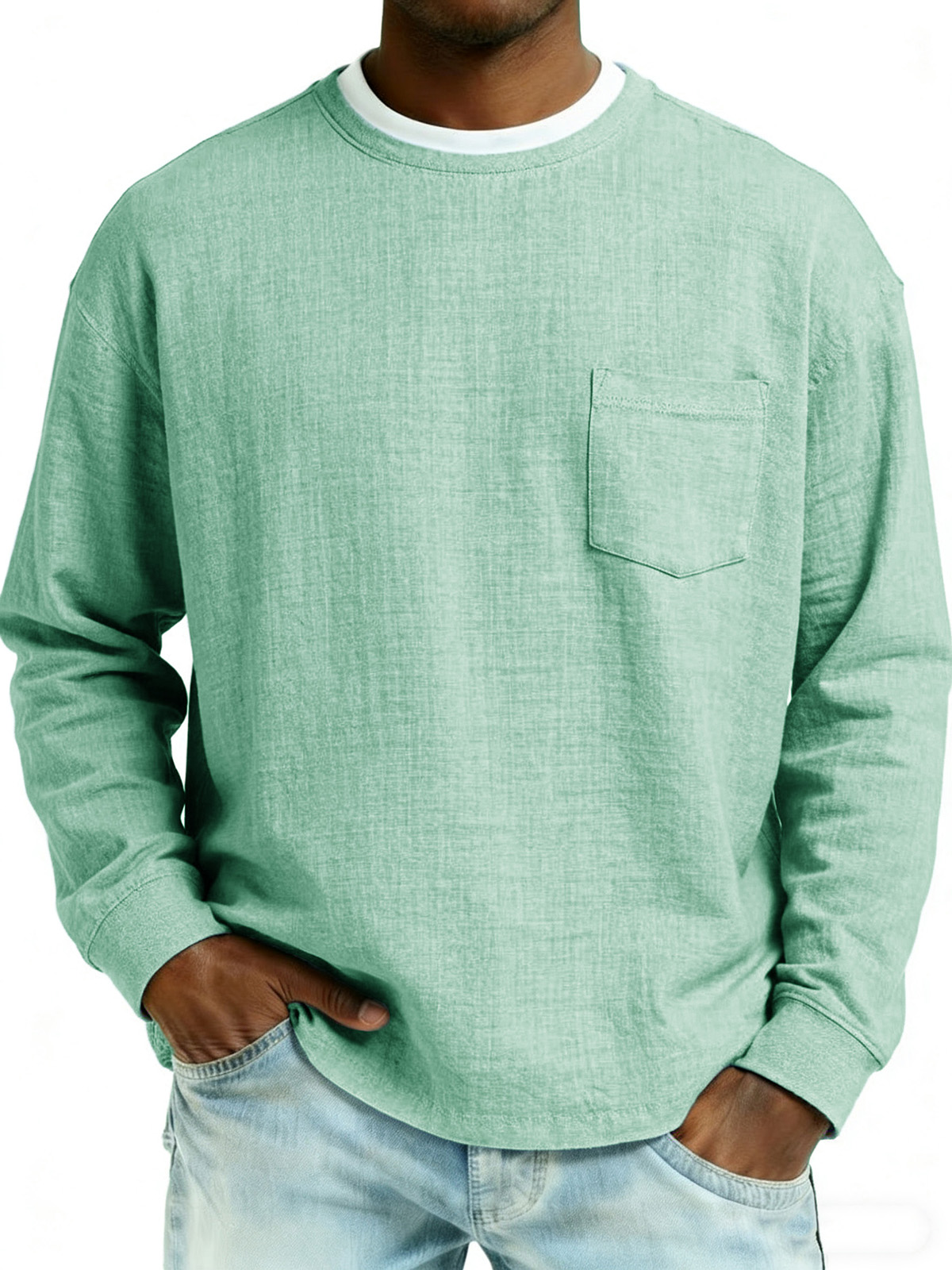 Men's Fashionable Casual Linen Fabric Pocket Long-Sleeved Top
