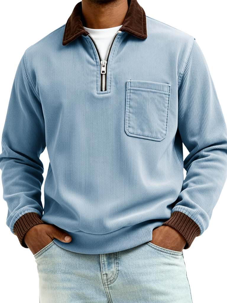 Men's Fashionable Casual Ribbed Patchwork Pocket Long-Sleeved Collared Polo Shirt