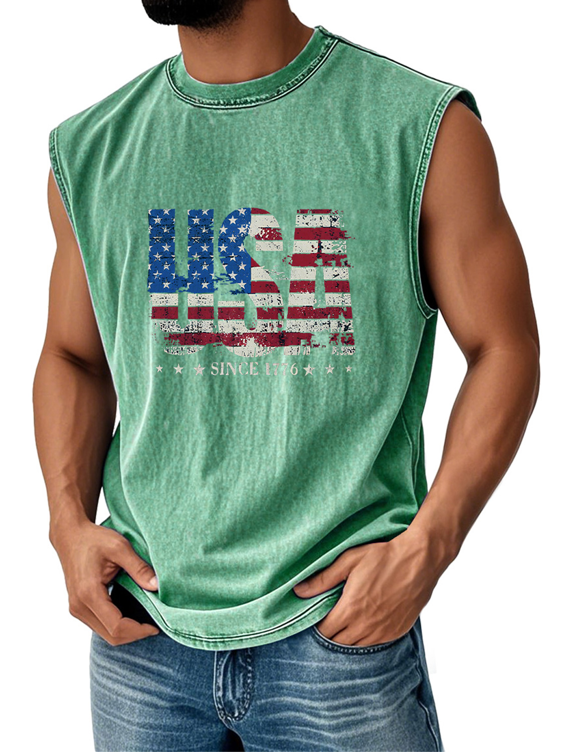Men's Retro Everyday Independence Day USA Flag Printed Casual Round Neck Sleeveless Vest