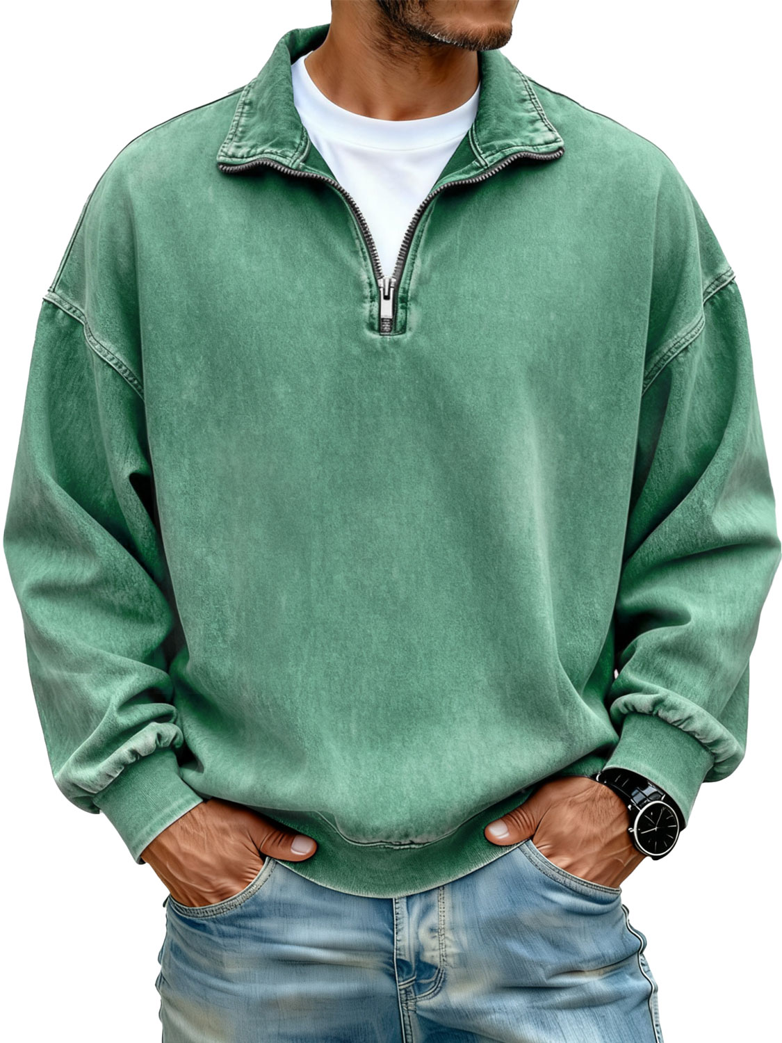 Men's Retro Stand Collar Zipper Casual Loose Sweatshirt