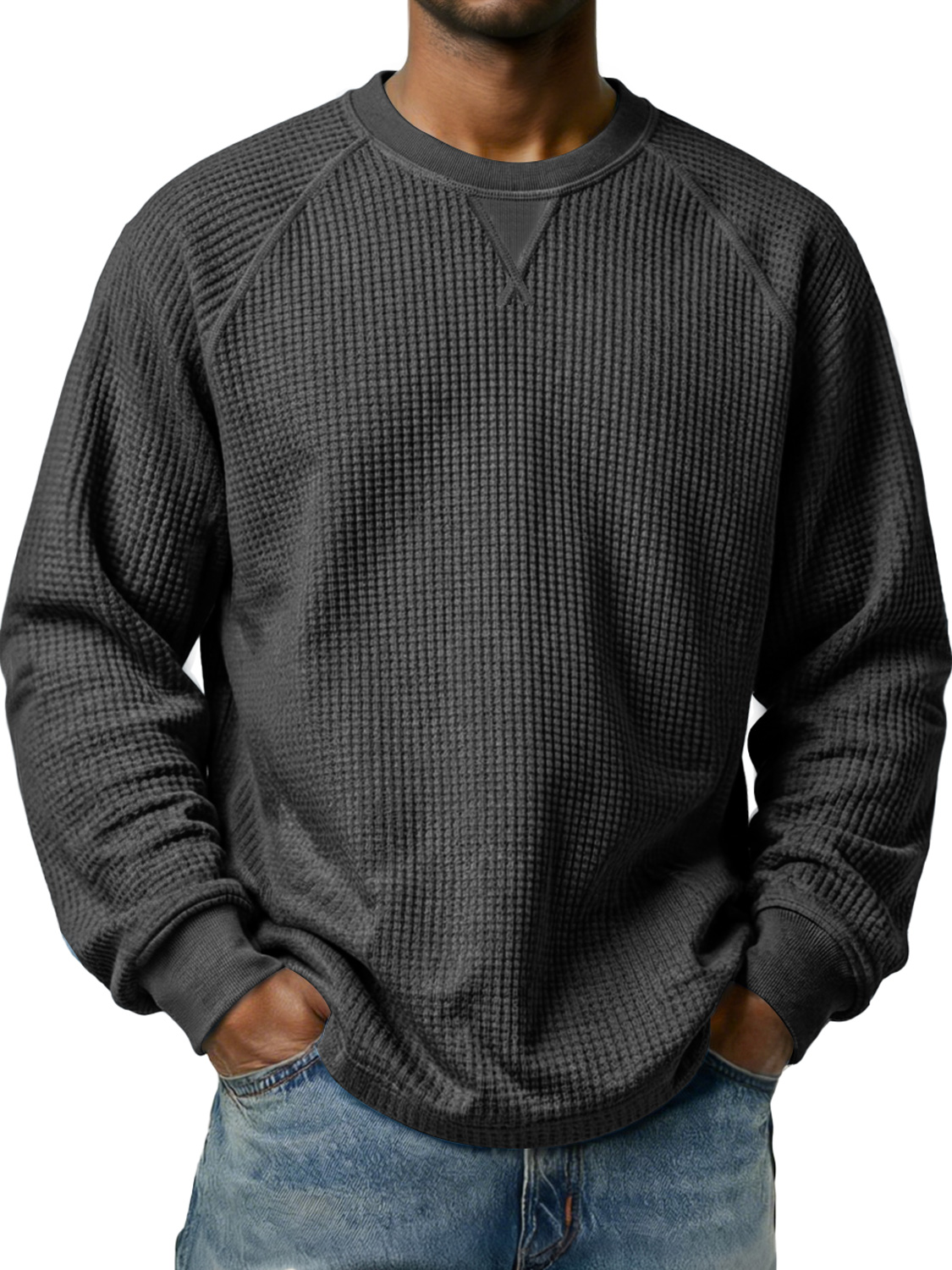 Men's Waffle-knit Raglan Sleeve Crew Neck Casual Long-sleeved T-shirt