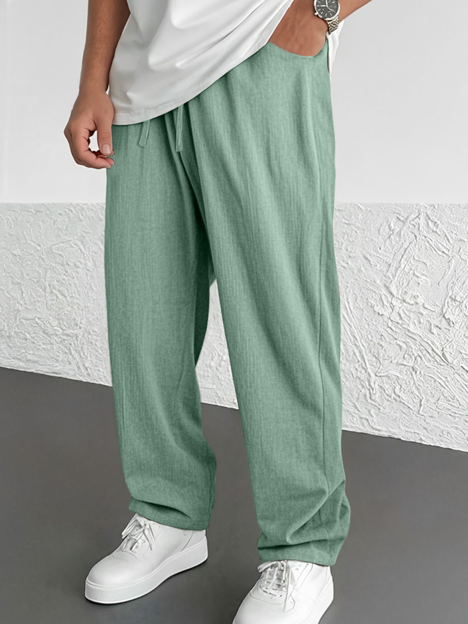 Men's Summer Daily Cotton And Linen Elastic Waist Casual Solid Color Comfortable Trousers