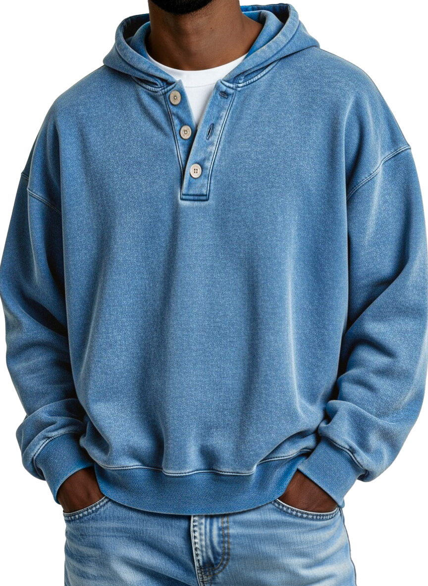 Retro Casual Solid Color Button Hooded Sweatshirt