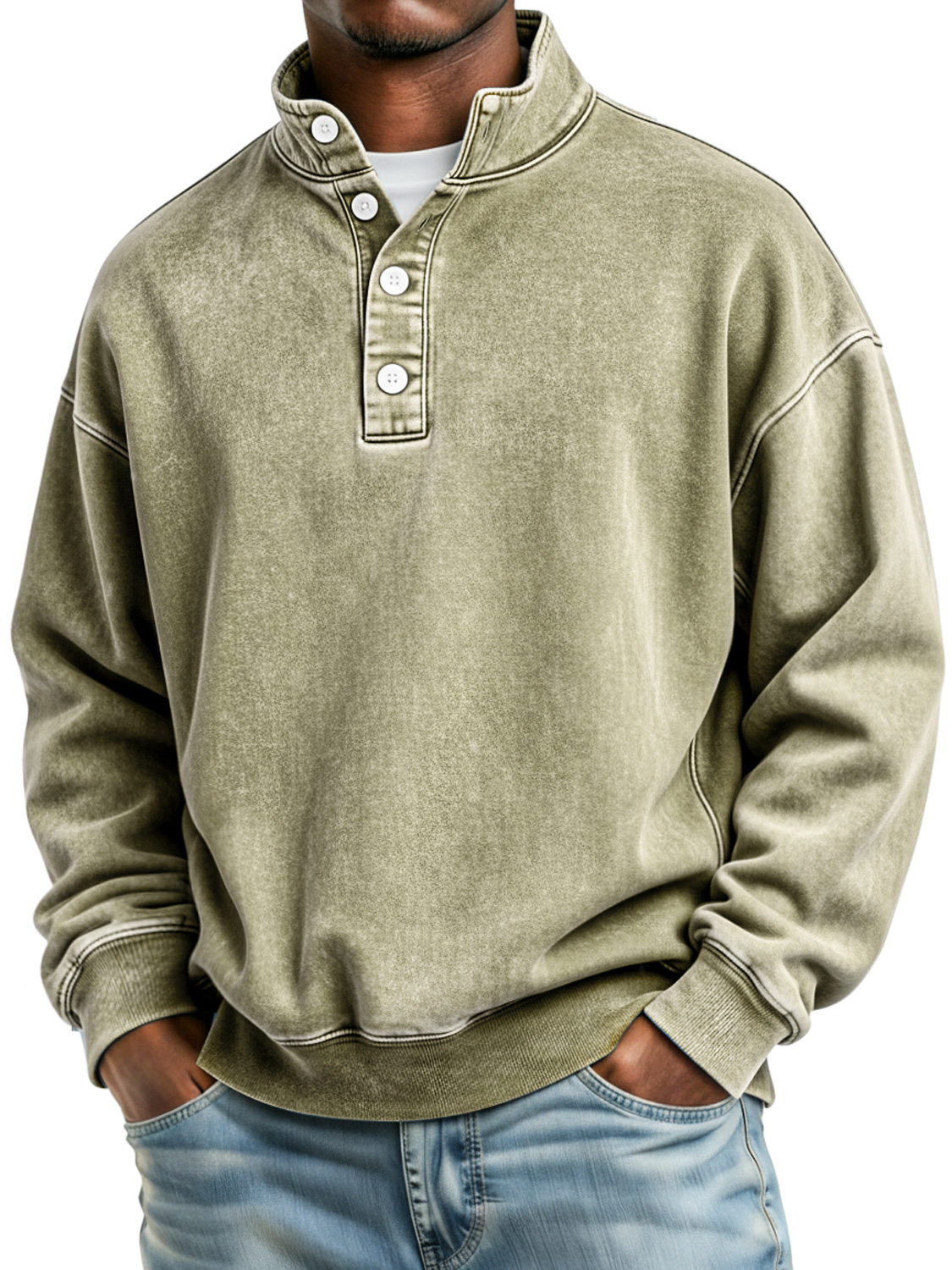 Men's Retro Stand Collar Button Casual Loose Sweatshirt