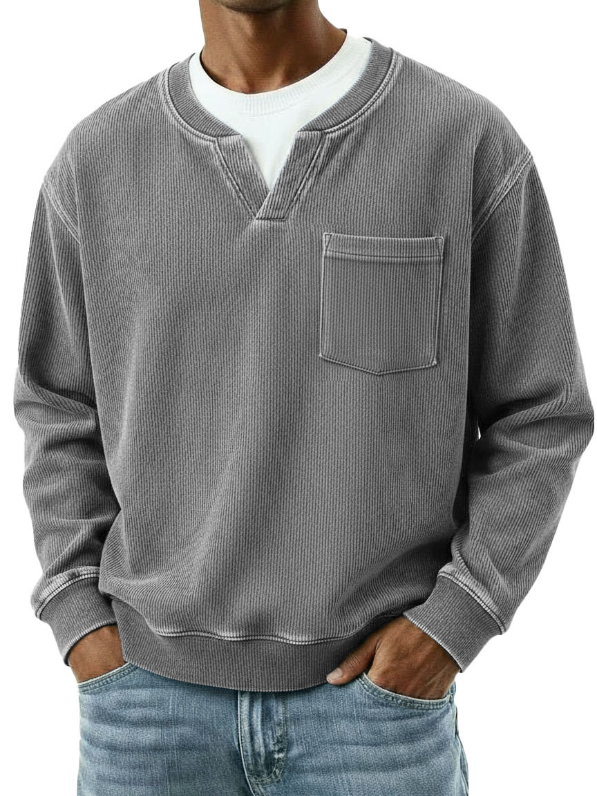 Men's Fashionable Casual Ribbed Fabric Faux Two-Piece Pocket Long-Sleeve T-Shirt