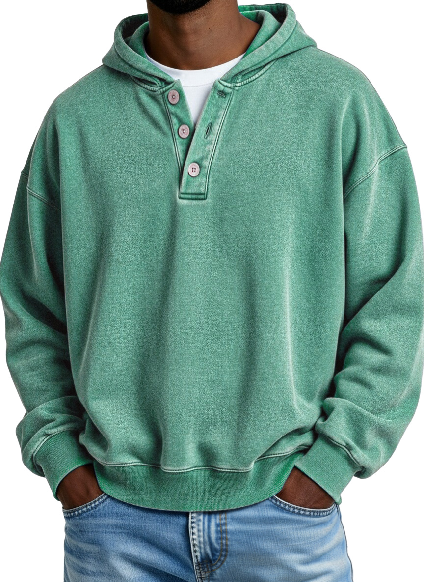 Retro Casual Solid Color Button Hooded Sweatshirt