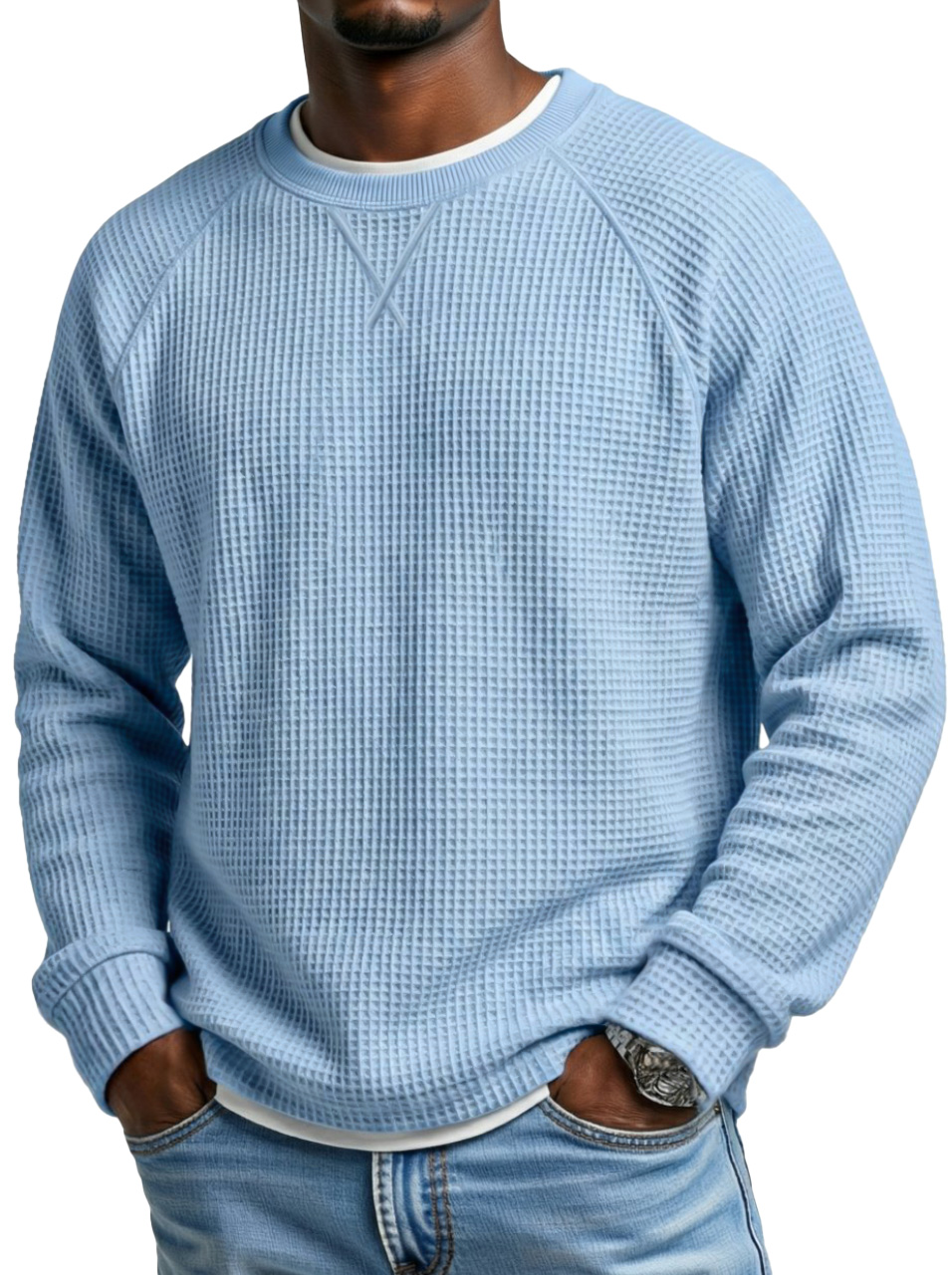 Men's Fashionable Waffle Raglan Sleeve Design Round Neck Long Sleeve T-Shirt