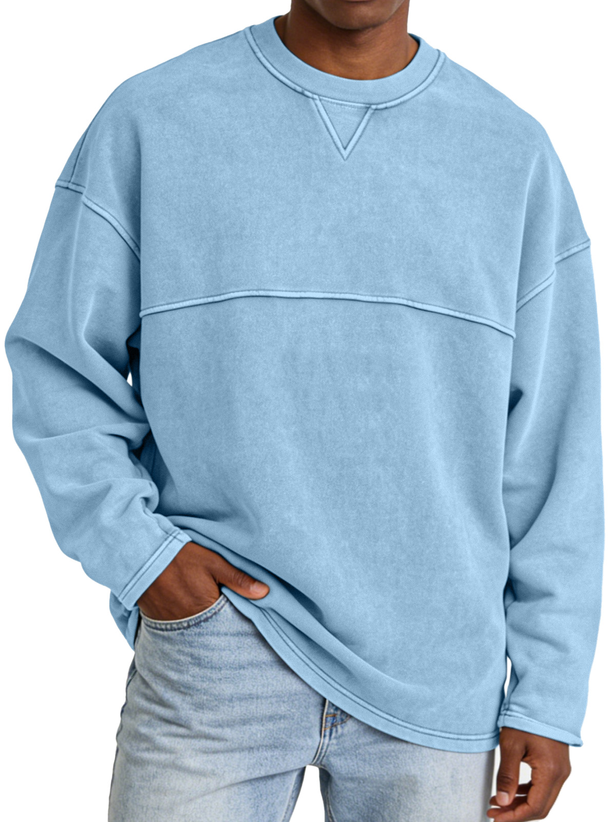 Basic Casual Inverted Triangle Panel Design Crew Neck Long-sleeved Sweatshirt