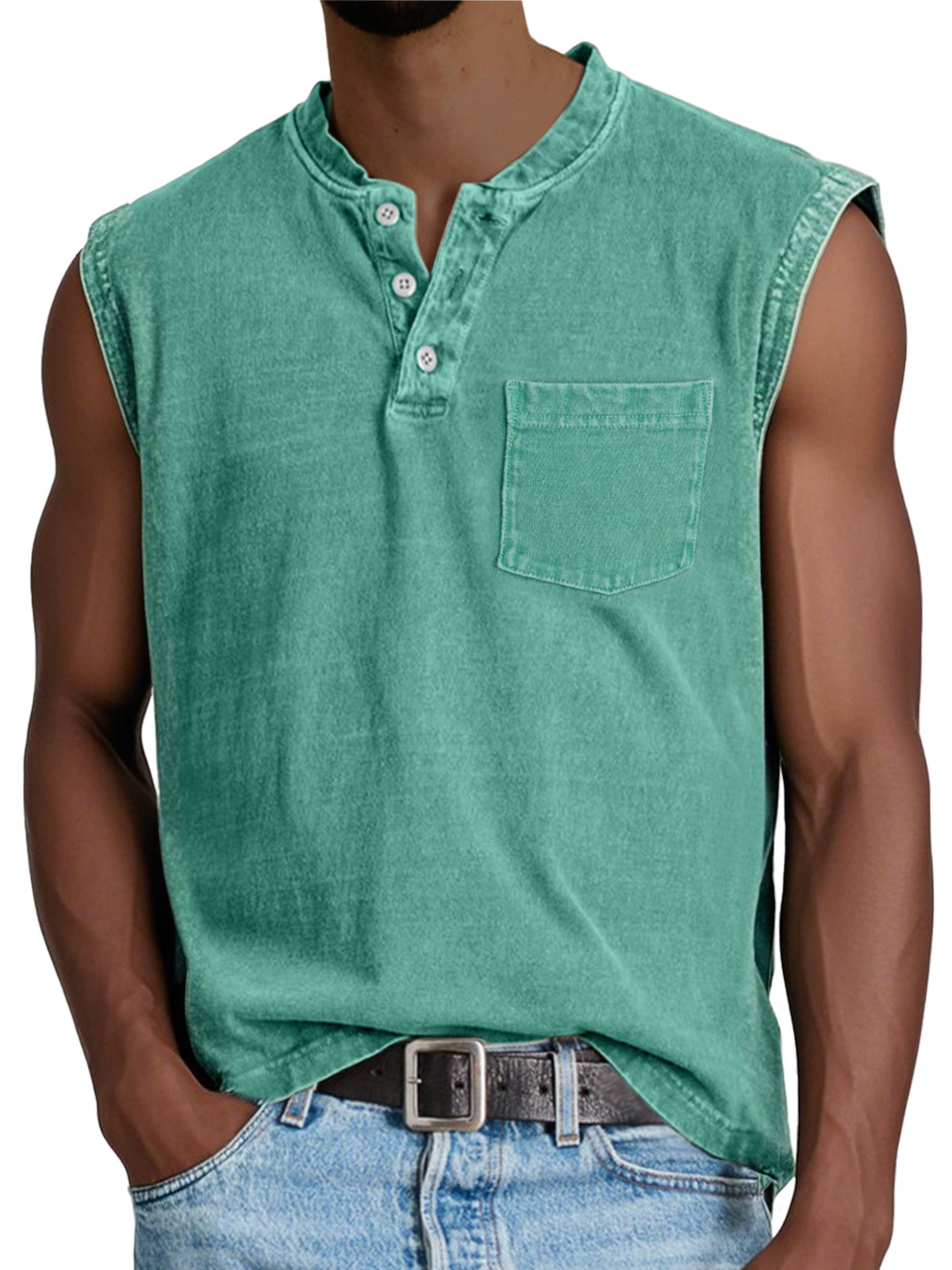Men's Casual Retro Solid Color Simple Pocket Sleeveless Henley Shirt